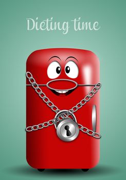 illustration of funny fridge with padlock for Dieting time