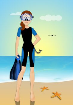 illustration of Woman with diving equipment