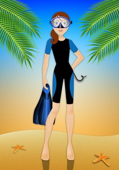 illustration of Woman with diving equipment