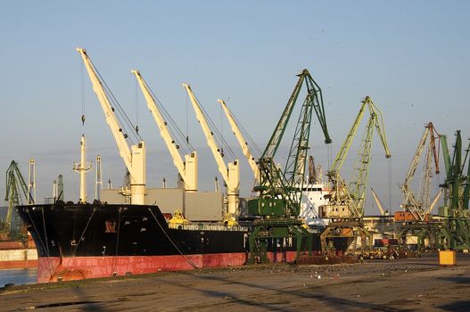 An early morning at sunrise in the port of Varna, on the Black Sea