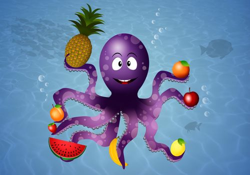 Funny octopus with vegan fruits