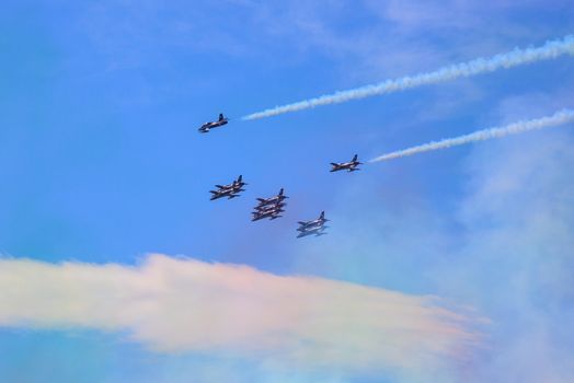 TRIESTE, ITALY - JUNE, 01: View of Italian military airplane called frecce tricolore "tricolor arrows" in acrobatics on June 01, 2014