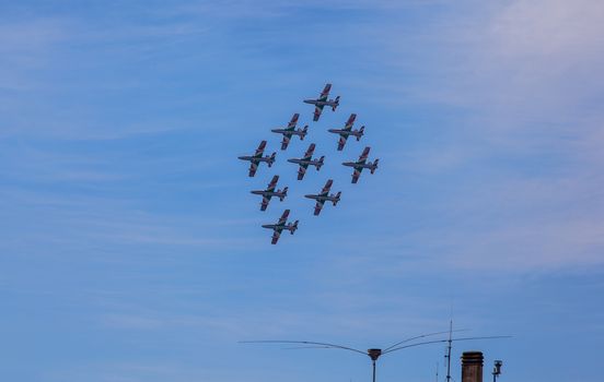 TRIESTE, ITALY - JUNE, 01: View of Italian military airplane called frecce tricolore "tricolor arrows" in acrobatics on June 01, 2014