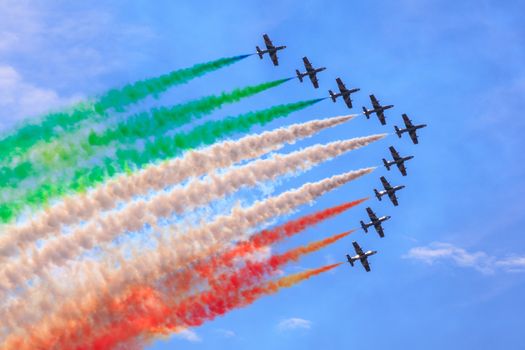 TRIESTE, ITALY - JUNE, 01: View of Italian military airplane called frecce tricolore "tricolor arrows" in acrobatics on June 01, 2014