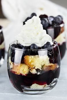 Trifle with whipped cream, sauce and ripe blueberries with extreme shallow depth of field.