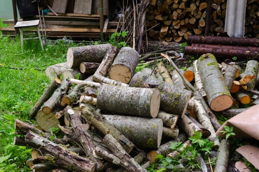 pile of chopped small and large logs branches to woodshed in the garden
