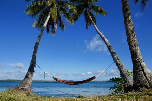 Colorful hammock between palm trees, Ofu island, Vavau group, Tonga