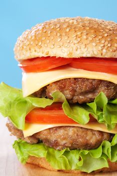 Double cheeseburger with tomatoes and lettuce on blue background