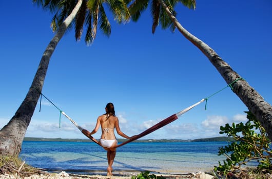 Young woman in bikini sitting in a hammock between palm trees, Ofu island, Vavau group, Tonga