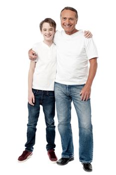 Happy father and son on a white background