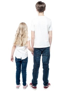 Rear view of young brother and sister with holding hands