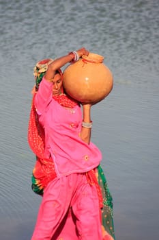 Local woman carrying jar with water, Khichan village, Rajasthan, India