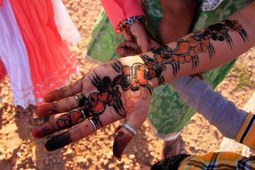 Local girl showing henna painting, Khichan village, Rajasthan, India