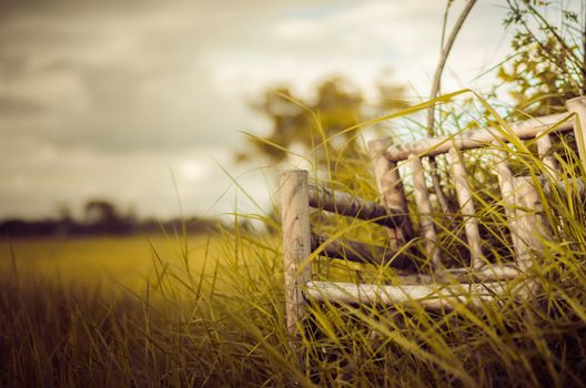 Bamboo wooden chairs on grass field in countryside Thailand vintage