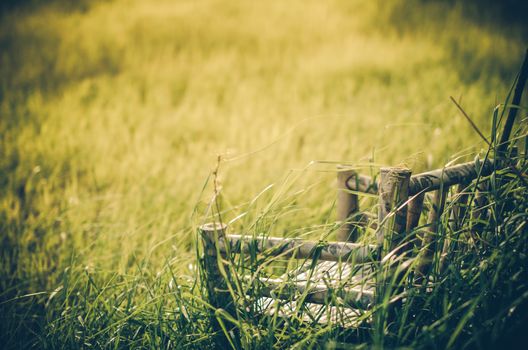 Bamboo wooden chairs on grass field in countryside Thailand vintage