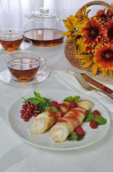 Pancakes with cottage cheese with raspberry syrup