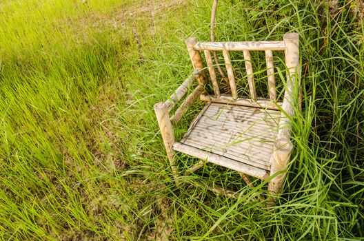 Bamboo wooden chairs on grass field in countryside Thailand