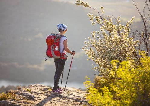 Young female hiker standing on cliff and enjoying valley view