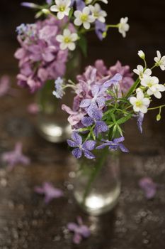 Beautiful spring flowers in a vase on wooden background