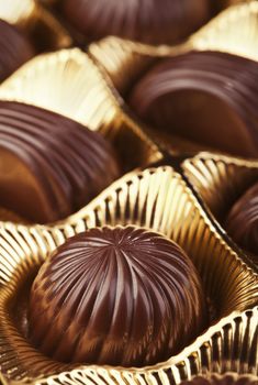 Delicious chocolate pralines in the golden box