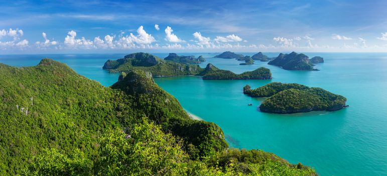 Sea beach island sky with bird eye view panorama at Mu Ko Ang Thong. This place is a marine national park in the Gulf of Thailand.