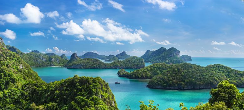 Sea beach island sky with bird eye view panorama at Mu Ko Ang Thong. This place is a marine national park in the Gulf of Thailand.