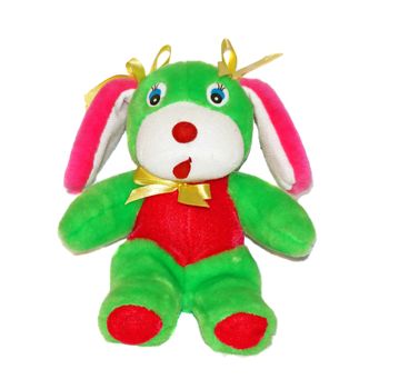 Bright green baby soft toy with pink ears                               