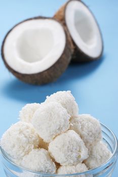 Homemade coconut candies in a bowl 