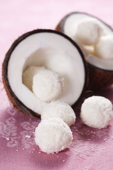 Homemade coconut sweets and fresh coconut