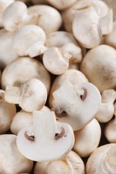 Fresh mushrooms champignon on burlap