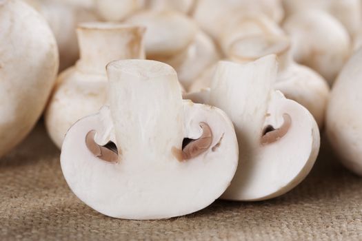 Fresh mushrooms champignon on burlap