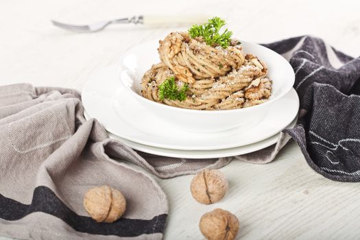 Bowl of pasta with walnut pesto
