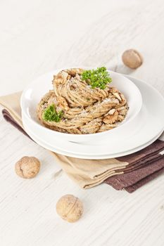 Bowl of pasta with walnut pesto