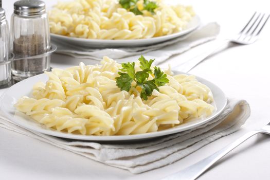 Two plates of pasta with parsley