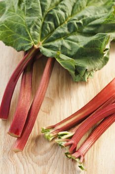 Fresh rhubarb on wooden background