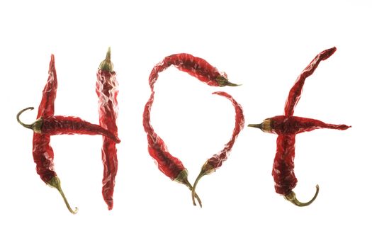 Red hot chilli peppers spelling the word "hot" on white background