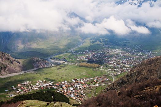 Aerial view on Kazbegi/Stepantsminda village in Georgia 