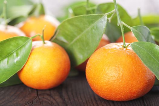 Ripe tangerines on a wooden table