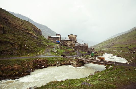 Village Ushguli in Upper Svaneti in Georgia, Caucasus mountains, the highest inhabited village in Europe