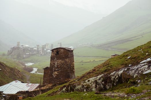 Village Ushguli in Upper Svaneti in Georgia, Caucasus mountains, the highest inhabited village in Europe