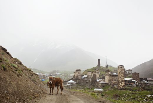 Village Ushguli in Upper Svaneti in Georgia, Caucasus mountains, the highest inhabited village in Europe