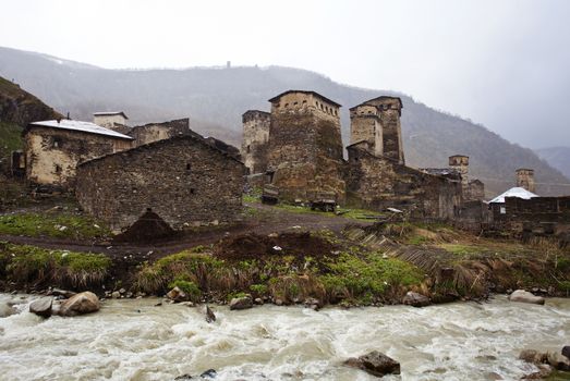 Village Ushguli in Upper Svaneti in Georgia, Caucasus mountains, the highest inhabited village in Europe