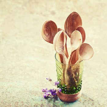 Still life of wooden cooking utensils