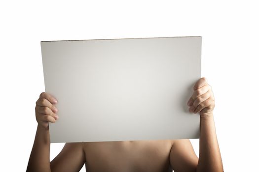 A light white plastic laminate square blank sign supported by young hands on light background