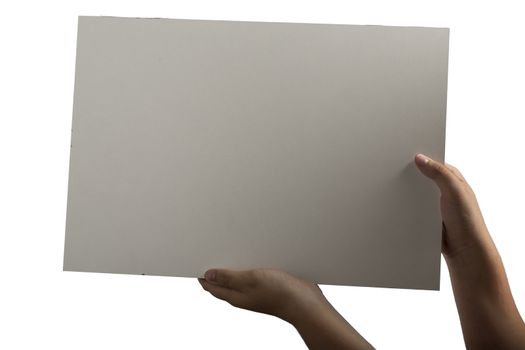 A light white plastic laminate square blank sign supported by young hands on light background