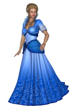 3D digital render of a beautiful fairy tale princess in a blue dress isolated on white background