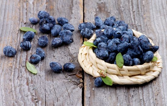 Ripe Honeysuckle Berries with Leafs in Wicker Bowl isolated on Rustic Wooden background