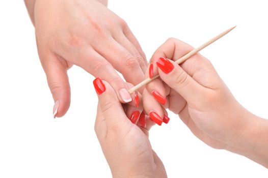 beauty salon, manicure applying, cleaning the cuticles