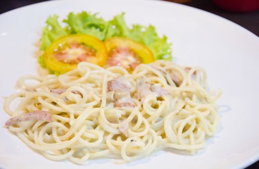 Spaghetti with ham in white dish, Cuisine