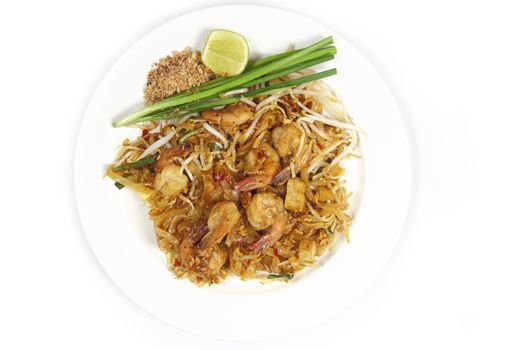 Pad Thai with shrimp, Thai style food view top on white background